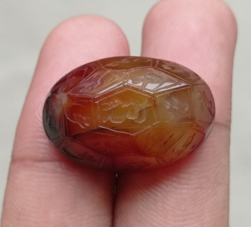 52.1ct Carnelian Carving - Engraved Aqeeq - 12 Imam Name - 29x19mm 52.1ct Carnelian Carving - Engraved Aqeeq - 12 Imam Name - 29x19mm