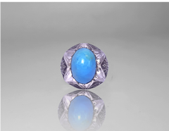 خاتم رجالي - فيروز طبيعي يُعرف أيضًا باسم خاتم منقوش بأحجار كريمة فيروز من الفضة الإسترليني - هدية مثالية له - مطلي بالذهب الأبيض عيار 14 قيراط