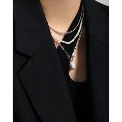 قلادة بسلسلة مجوفة من اللؤلؤ الطبيعي غير المنتظم للمكتب - قلادة من اللؤلؤ الفضي المطلي بالبلاديوم - قلادة مثالية من اللؤلؤ مع تغليف الهدايا