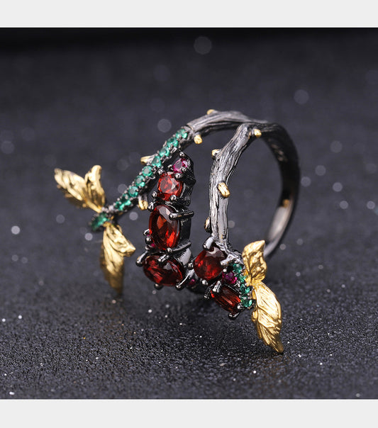 Natural Garnet Branch Butterfly Rings for Women Jewelry 925 Sterling Silver Adjustable Ring