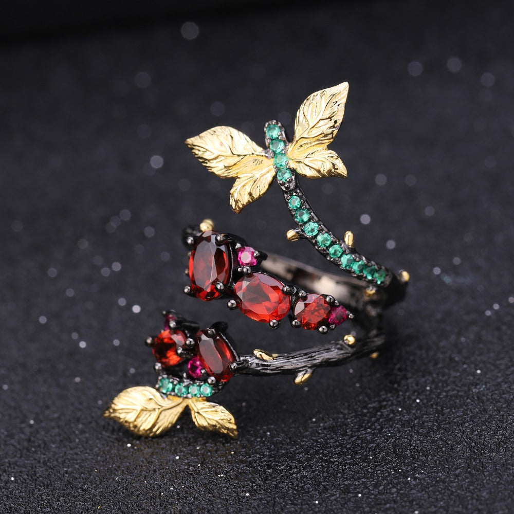 Natural Garnet Branch Butterfly Rings for Women Jewelry 925 Sterling Silver Adjustable Ring