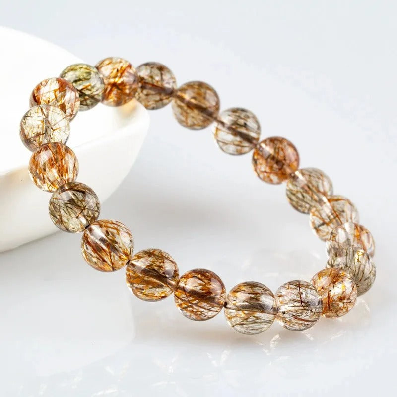 Natural Black Gold Rutilated Quartz Gemstone Bracelet, Size 7-14mm