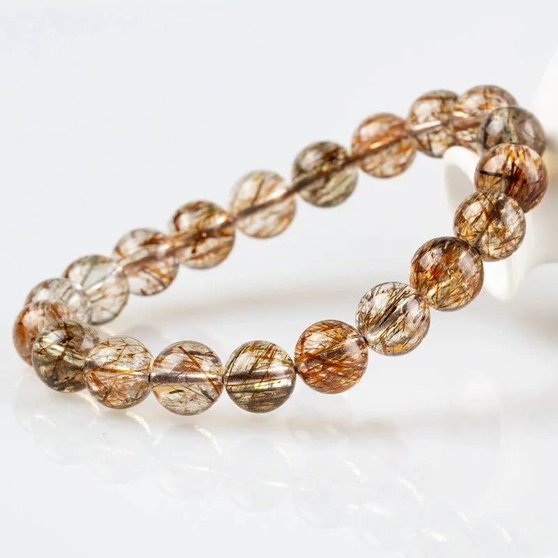 Natural Black Gold Rutilated Quartz Gemstone Bracelet, Size 7-14mm