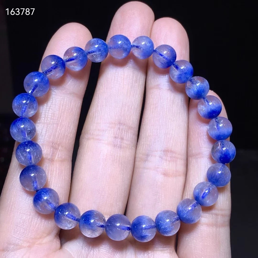 Natural Blue Rutilated Dumortierite Quartz Gemstone Bracelet, Size 7.3mm