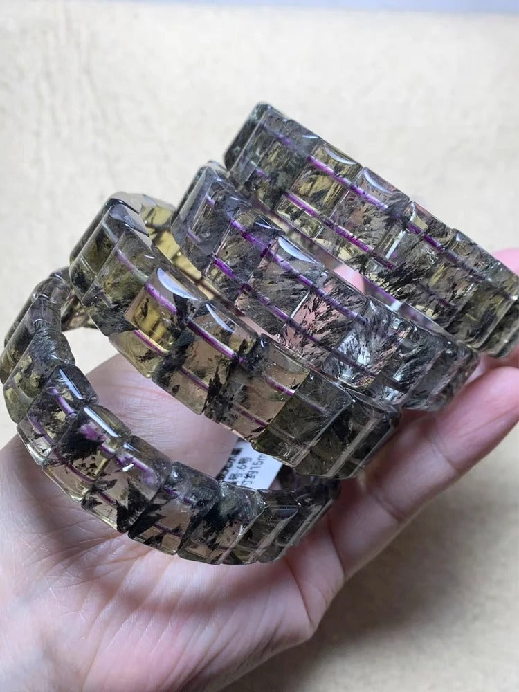 Natural Cacoxenite Purple Gold Rutilated Quartz Gemstone Bracelet, Bead Sizes 16x12mm