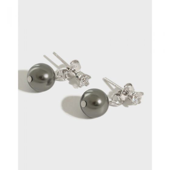 Simple Round Shell Pearls CZ Stud Earrings - Palladium-Plated Silver Pearl Earrings for women - Perfect Pearl Earrings with Gift Wrapping Included