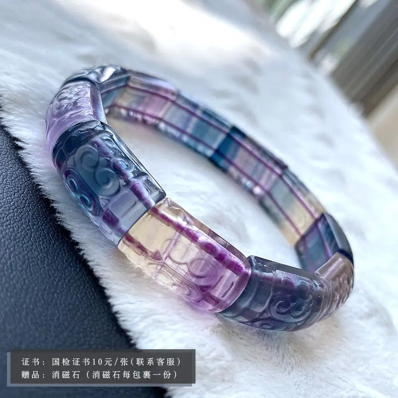 Natural Colorful Fluorite Quartz Gemstone Bracelet, Clear Rectangle Beads Sizes 13x10mm