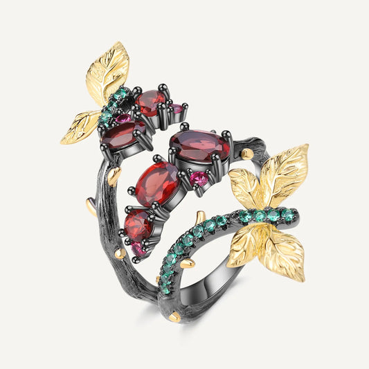 Natural Garnet Branch Butterfly Rings for Women Jewelry 925 Sterling Silver Adjustable Ring