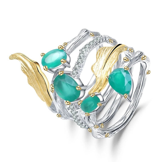 Natural Green Agate Gemstone Finger Rings 925 Sterling Sliver Fashion Band Ring For Women Gift Fine Jewelry