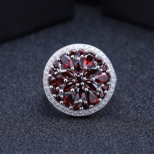 Round Natural Red Garnet Gemstone Ring 925 Sterling Silver Classic Cocktail Rings Fine Jewelry