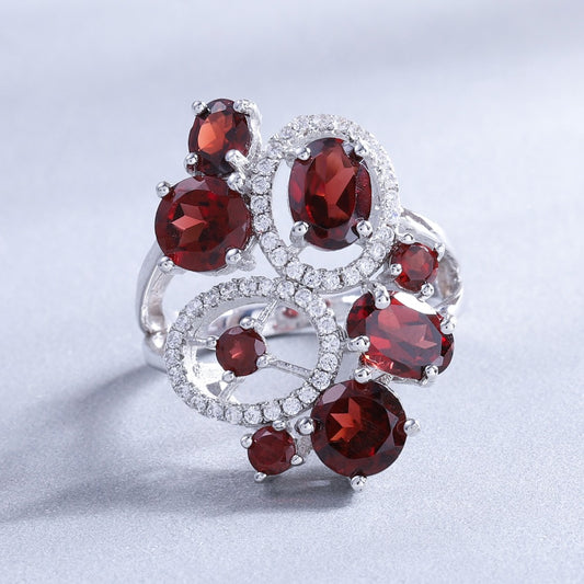 Natural Garnet Gemstone Ring 925 Sterling Silver Trendy Flowers Finger Rings Fine Jewelry
