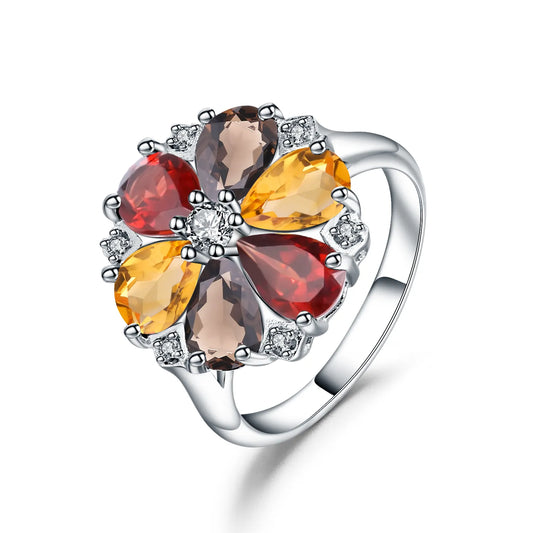 Natural Garnet Smoky Quartz Citrine Ring 925 Sterling Silver Sky Blue Topaz Party Rings