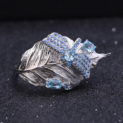 925 Sterling Silver Handmade Dragonfly Leaf Ring Natural Swiss Blue Topaz Rings Jewelry for Women Bijoux