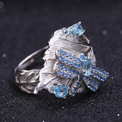 925 Sterling Silver Handmade Dragonfly Leaf Ring Natural Swiss Blue Topaz Rings Jewelry for Women Bijoux