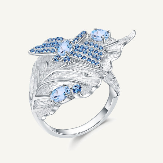 925 Sterling Silver Handmade Dragonfly Leaf Ring Natural Swiss Blue Topaz Rings Jewelry for Women Bijoux