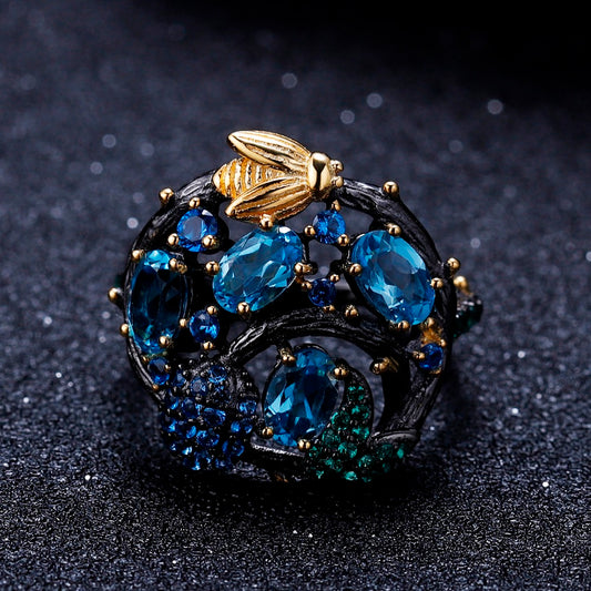 925 Sterling Silver Handmade Fine Jewelry Natural Swiss Blue Topaz Ring Gold Bee Branch Rings