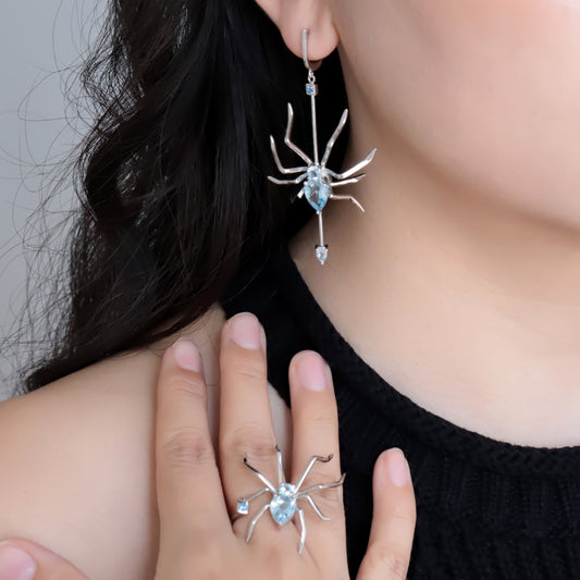Natural Sky Blue Topaz Anti Tarnish 925 Sterling Silver Spider Design Jewelry Set Earring & Adjustable Ring Set Fine jewelry