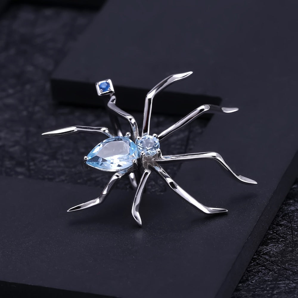 Natural Sky Blue Topaz Anti Tarnish 925 Sterling Silver Spider Design Jewelry Set Earring & Adjustable Ring Set Fine jewelry
