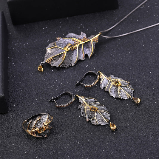 Leaf Design 925 纯银天然黄水晶手工首饰套装、戒指耳环和吊坠套装派对首饰套装
