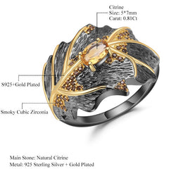 Leaf Ring Natural Citrine 925 Sterling Silver Handmade Design Rings for Women Fine Jewelry