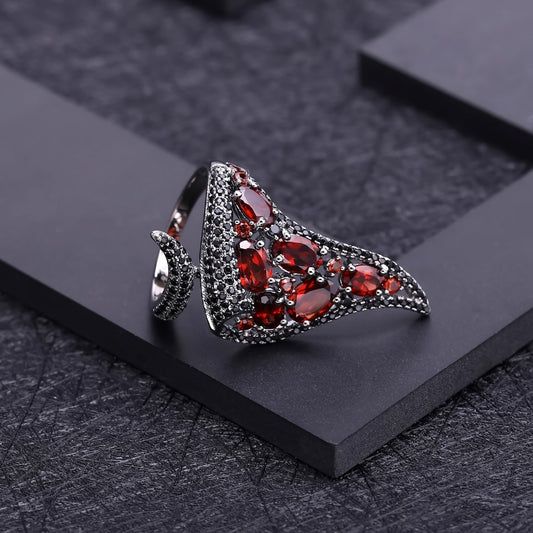 Natural Red Garnet Gemstone Vintage Open Finger Irregular Triangle Ring 925 Sterling Sliver Ring Fine  Jewelry