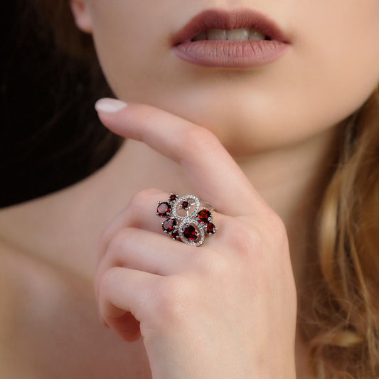 Natural Red Garnet Vintage Flower Jewelry Set 925 Sterling Silver Earrings & Ring Set Fine Jewelry