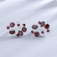 Natural Red Garnet Vintage Flower Jewelry Set 925 Sterling Silver Earrings & Ring Set Fine Jewelry