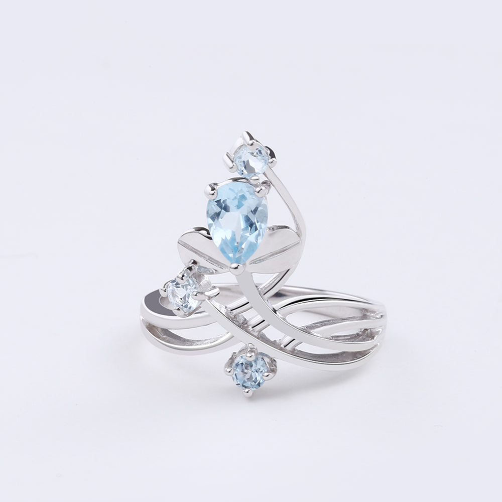 Natural Sky Blue Topaz Cute Flower Jewelry Sets Anti Tarnish 925 Sterling Silver Earrings & Ring Set Fine Jewelry