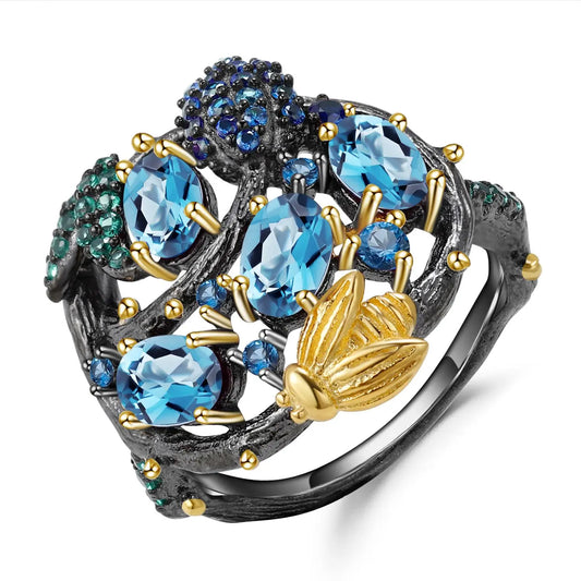 925 Sterling Silver Handmade Fine Jewelry Natural Swiss Blue Topaz Ring Gold Bee Branch Rings