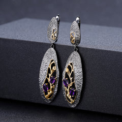 Hollowing Design Natural Amethyst Ring Earrings Pendant Jewelry Set Anti Tarnish 925 Sterling Silver Sets Party Jewelry Set