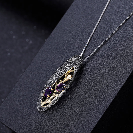 Hollowing Design Natural Amethyst Ring Earrings Pendant Jewelry Set Anti Tarnish 925 Sterling Silver Sets Party Jewelry Set