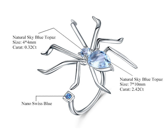 Spider Shape Natural Sky Blue Topaz Ring 925 Sterling Silver Gemstone Animal Punk Rings Party Gifts