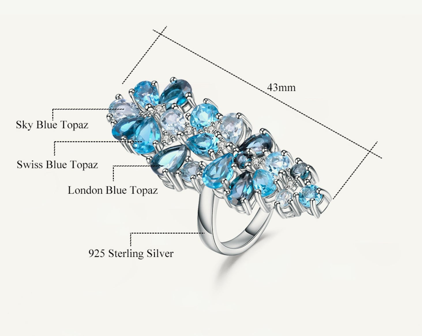 Brand Hot Fashion Natural Blue Topaz Gemstone Rings Genuine 925 Sterling Silver Ring Party Ring