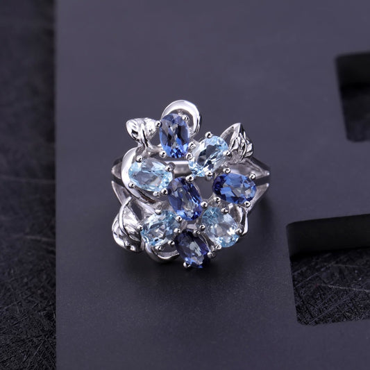 Natural Sky Blue Topaz Mystic Quartz Finger Ring 925 Sterling Silver Rings Fine Jewelry