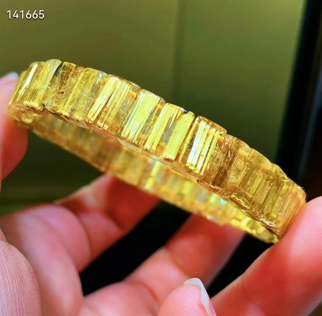 Genuine Natural Gold Rutilated Quartz Flower Gemstone Bracelet Bangle 8.5x6mm