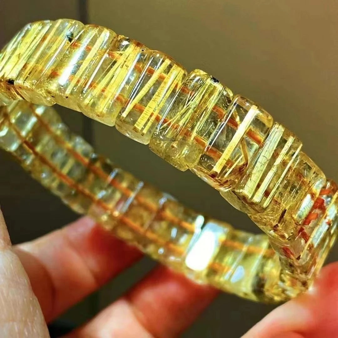 AAA Genuine Natural Gold Rutilated Quartz Flower Gemstone Bracelet Bangle 13x6.7x5.2mm