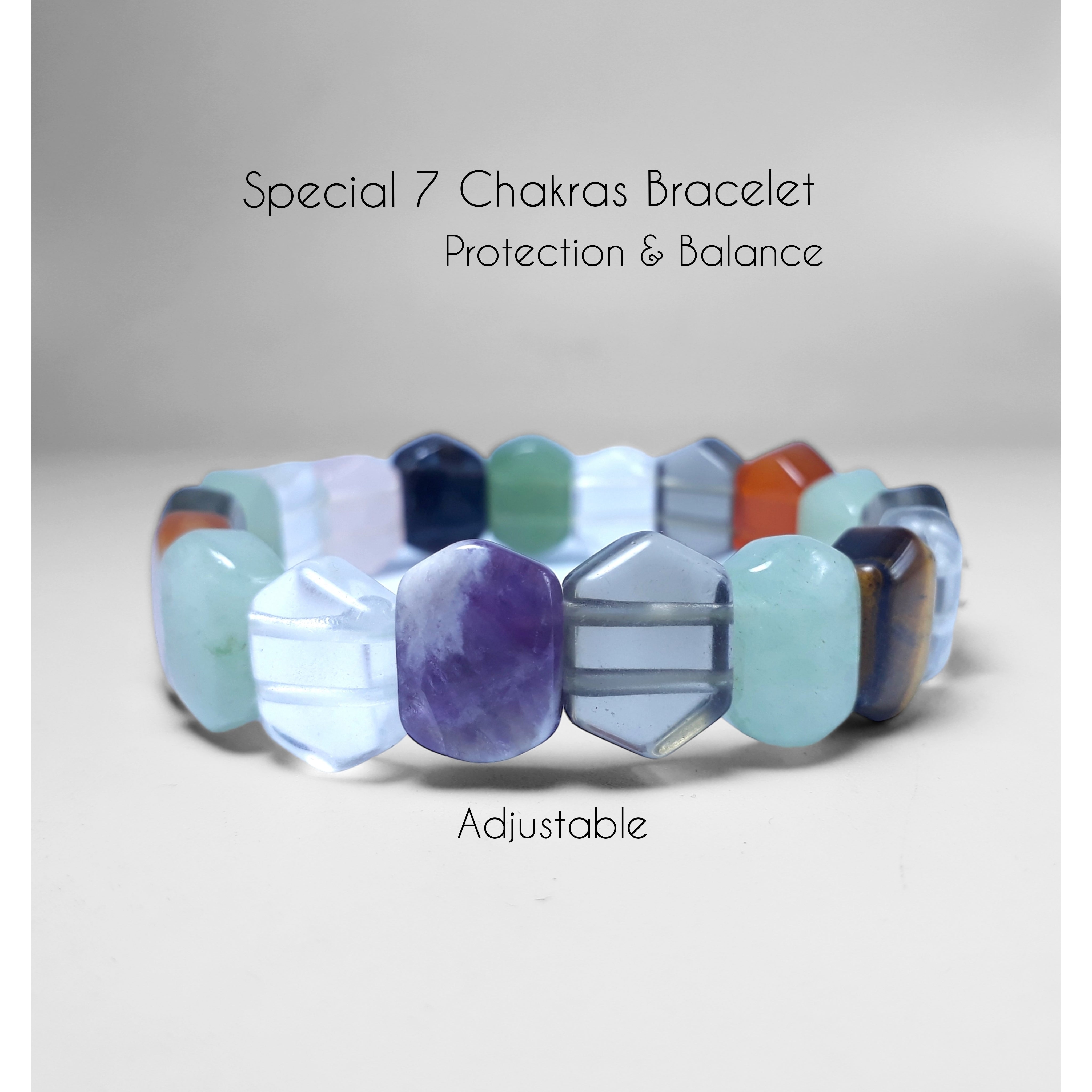 7 Chakras Healing Natual Gemtone Bracelet - Amethyst, Rose Quartz, Smoky Quartz, Tiger Eye, Aventurine, Rock Crystal, Red Agate