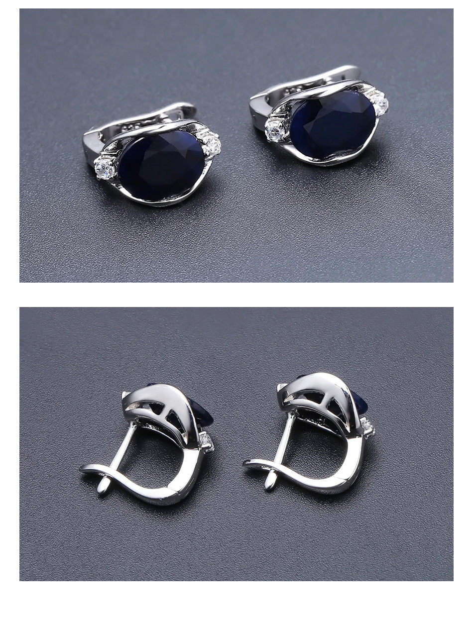 Natural Blue Sapphire Ring & Earrings For Women Anti Tarnish 925 Sterling Silver Party Jewelry Set