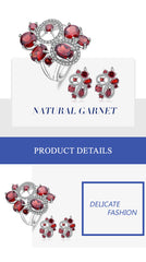 Natural Red Garnet Vintage Flower Jewelry Set 925 Sterling Silver Earrings & Ring Set Fine Jewelry