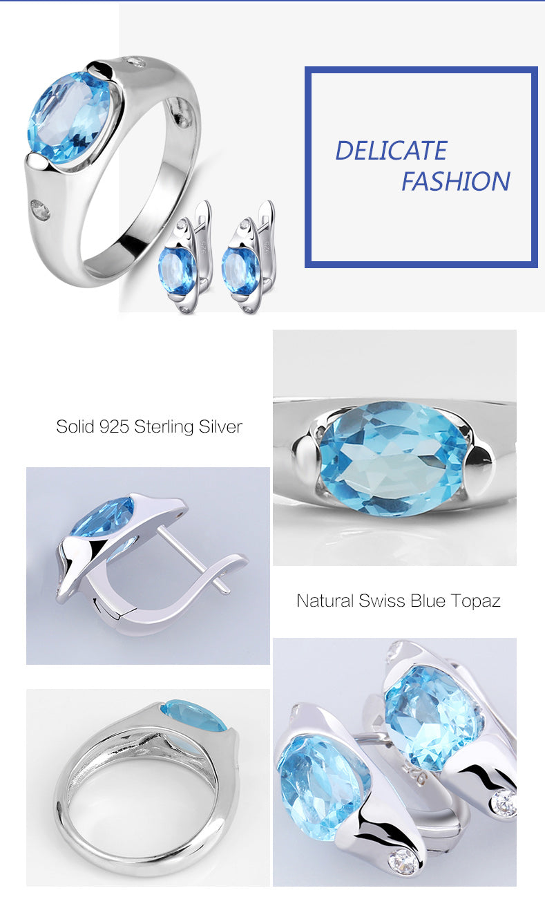Natural Blue Topaz Anti Tarnish 925 Sterling Silver Earrings & Ring Set Party Jewelry Set