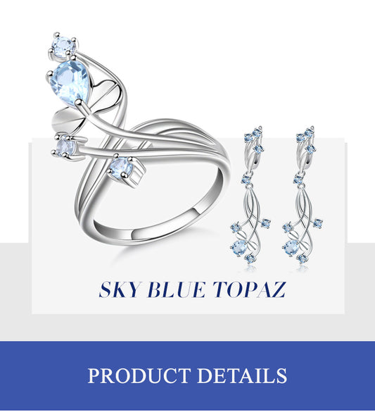 Natural Sky Blue Topaz Cute Flower Jewelry Sets Anti Tarnish 925 Sterling Silver Earrings & Ring Set Fine Jewelry