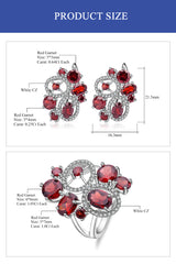 Natural Red Garnet Vintage Flower Jewelry Set 925 Sterling Silver Earrings & Ring Set Fine Jewelry