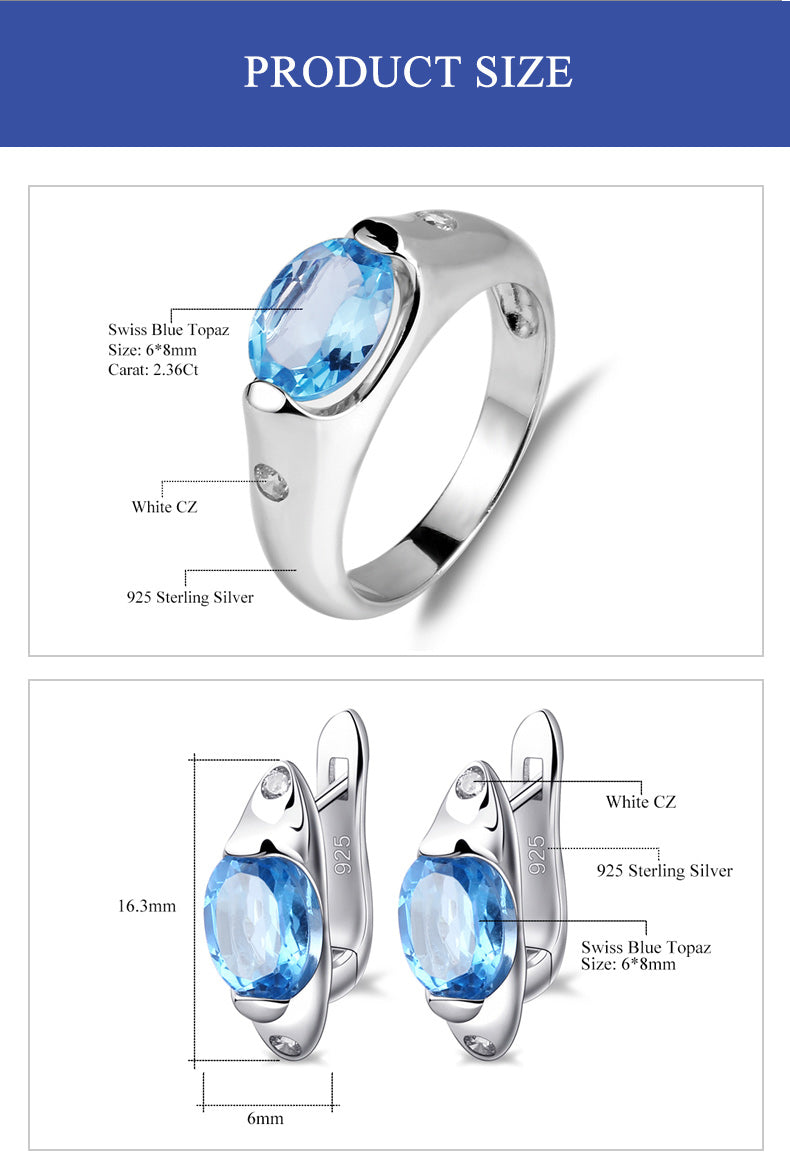 Natural Blue Topaz Anti Tarnish 925 Sterling Silver Earrings & Ring Set Party Jewelry Set