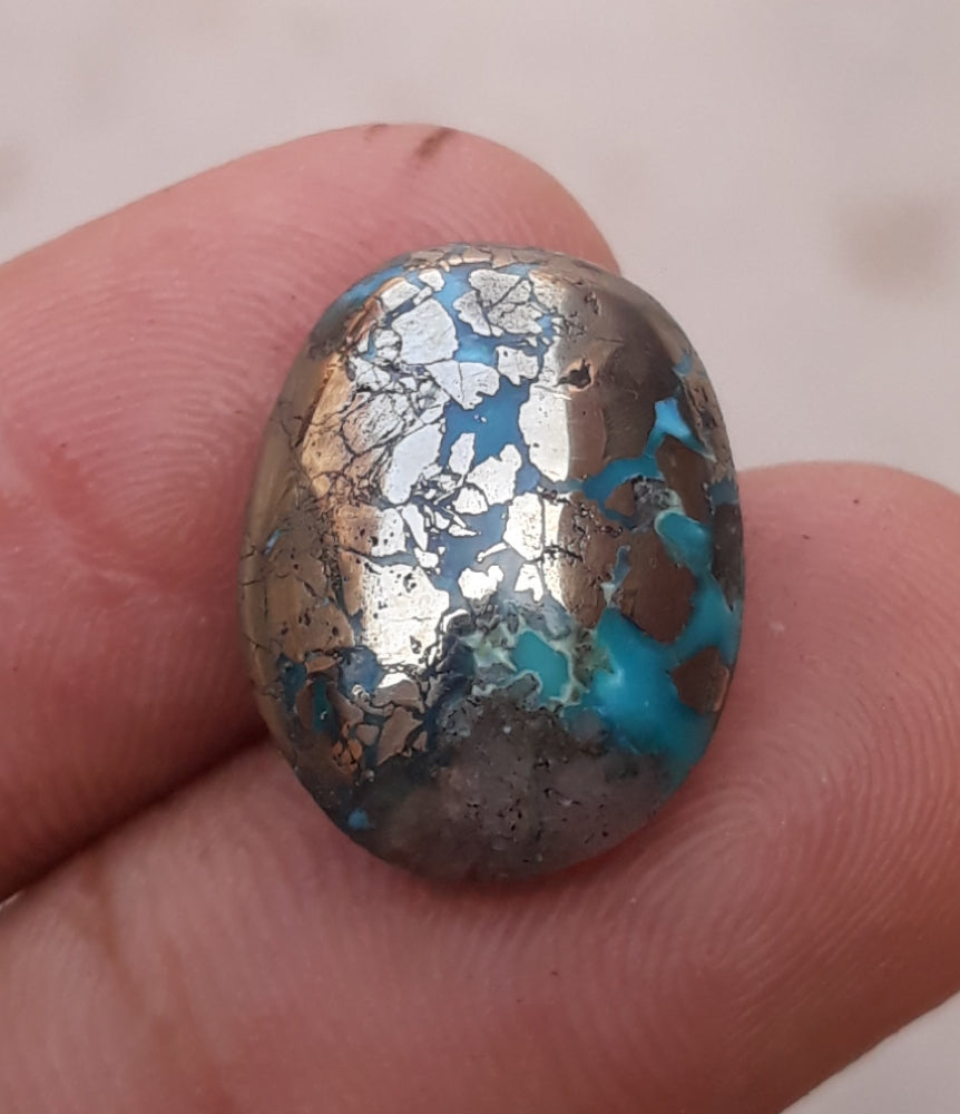 15.1ct Morenci Turquoise - Natural Certified Turquoise with Pyrite - Blue Matrix Turquoise - Shajri Feroza - 18x14mm