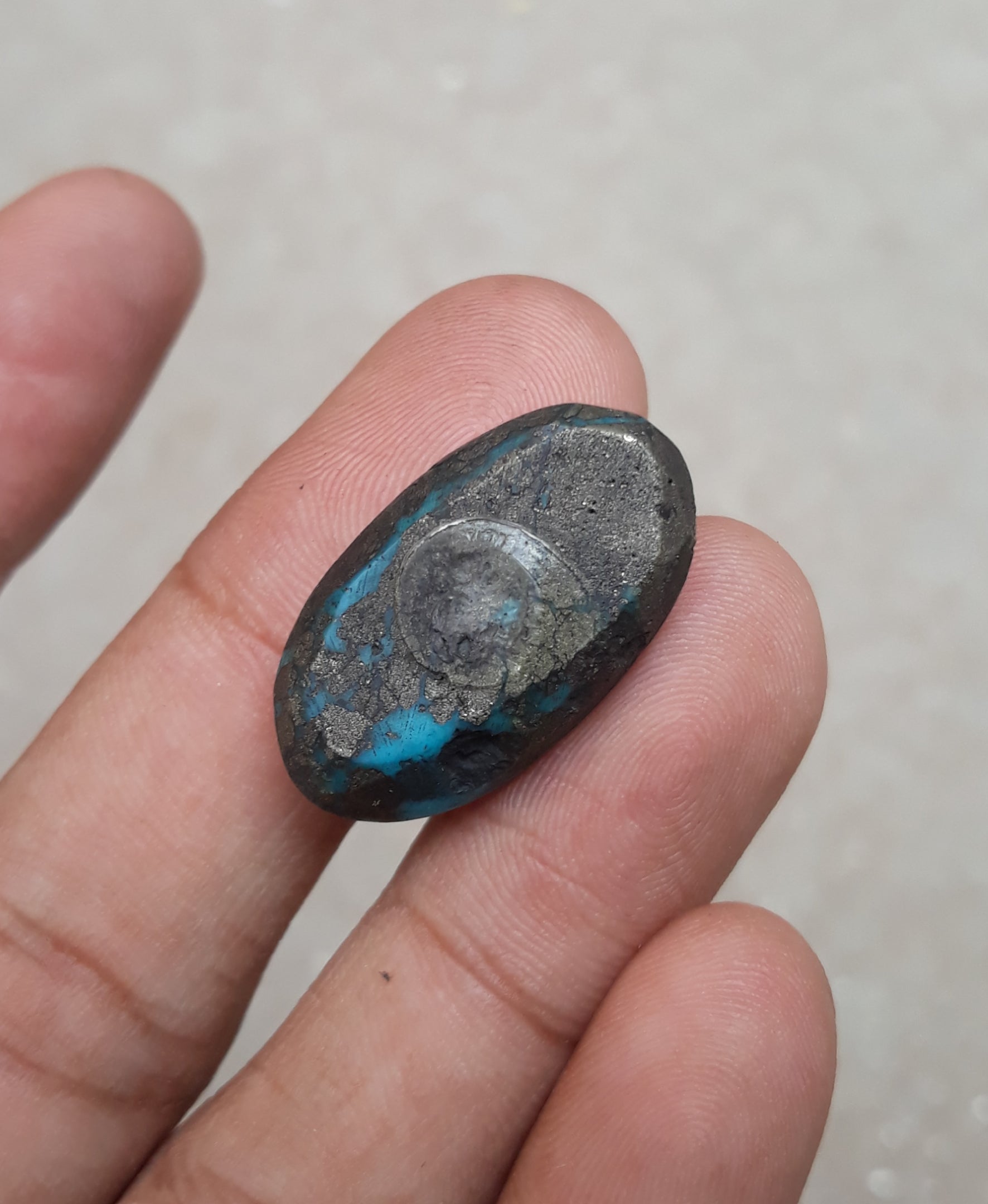 Natural Certified Turquoise with Pyrite - Blue Matrix Turquoise - Shajri Feroza-44.6Ct-27x16m