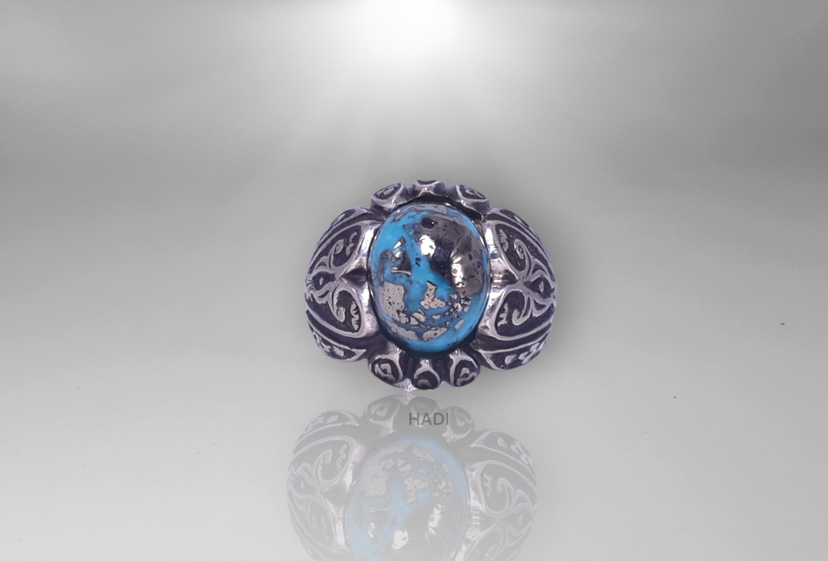 Men Signet Ring -  14k White-Gold Plated Natural Morenci Pyrite Turquoise aka Feroze Engraved  Sterling Silver Ring
