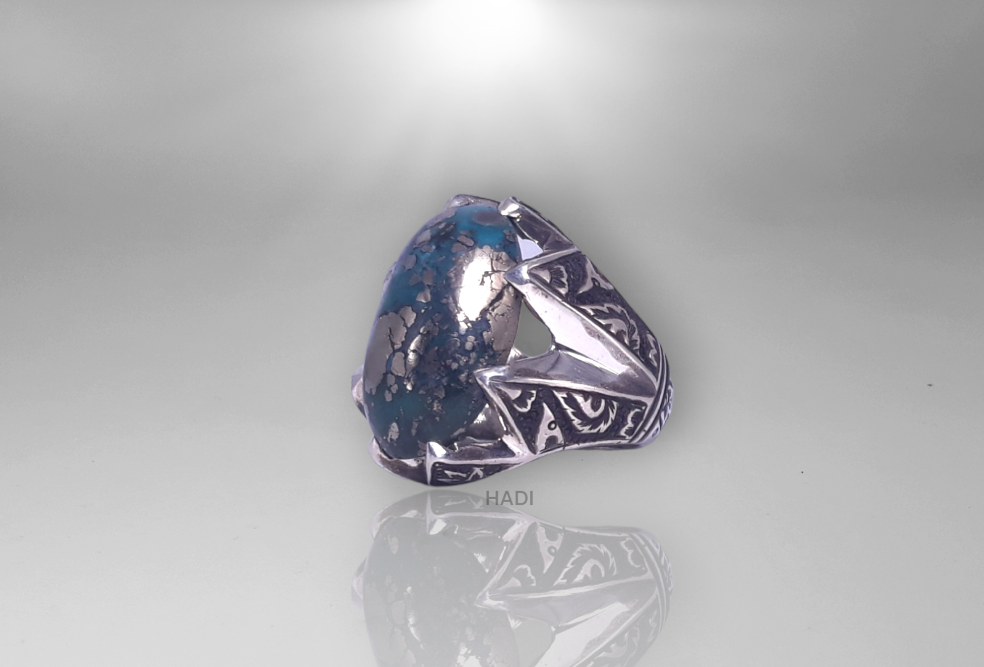 Men Signet Ring -  14k White-Gold Plated Natural Blue Green Pyrite Turquoise aka Feroze Engraved  Sterling Silver Ring