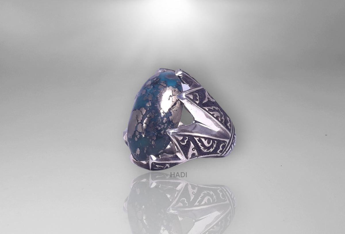 خاتم سيجنت للرجال - خاتم من الفضة الإسترليني مطلي بالذهب الأبيض عيار 14 قيراط طبيعي أزرق أخضر بيريت تركواز ويعرف أيضًا باسم فيروز