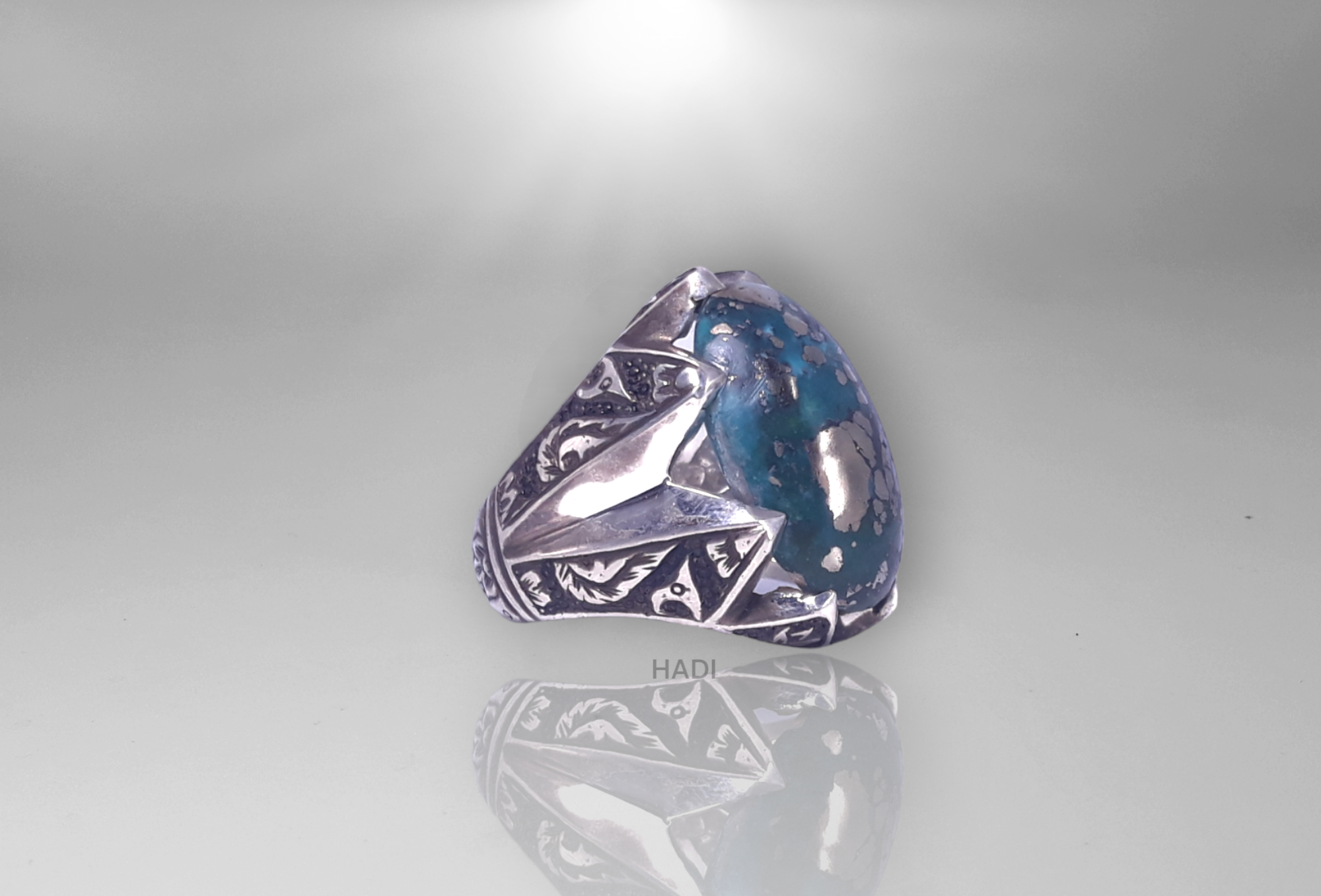 Men Signet Ring -  14k White-Gold Plated Natural Blue Green Pyrite Turquoise aka Feroze Engraved  Sterling Silver Ring