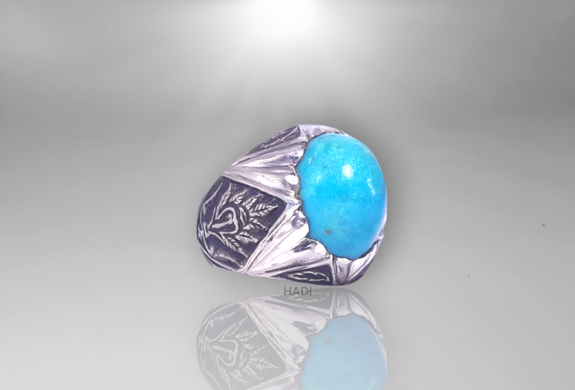 Men Signet Ring - Natural Turquoise aka Feroze Gemstone Engraved Ring  Sterling Silver - Perfect Gift for HIM - 14k White-Gold Plated